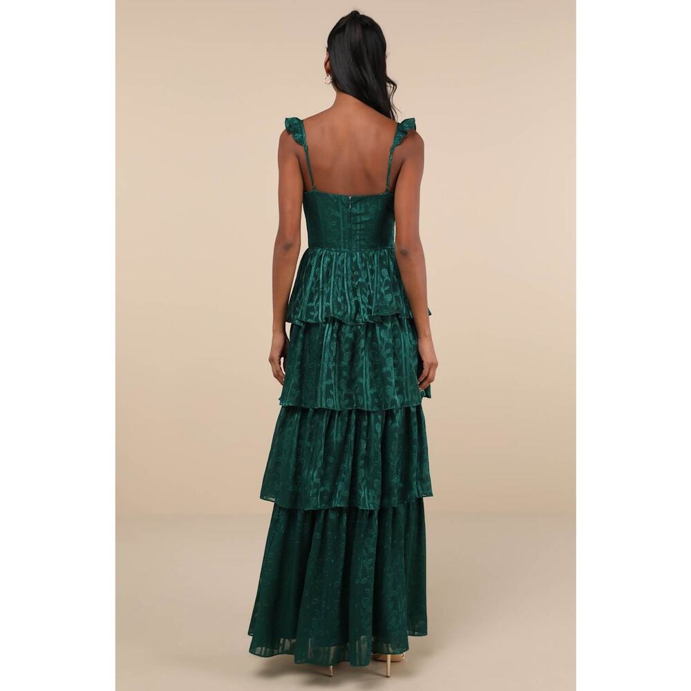 NWT Lulus Stunning Glory Hunter Green Floral Jacquard Tiered Maxi Dress Prom M - Picture 3 of 6